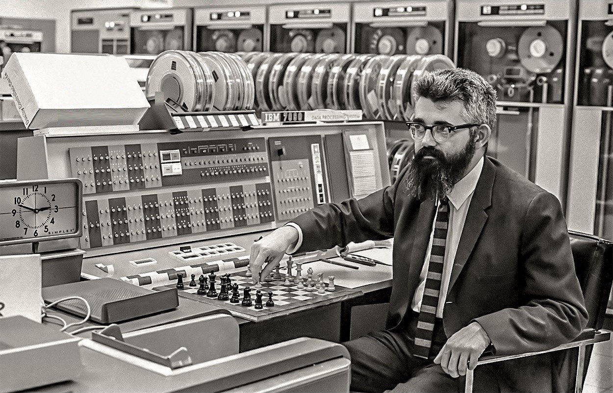 John McCarty playing chess against IBM 7090.jpg