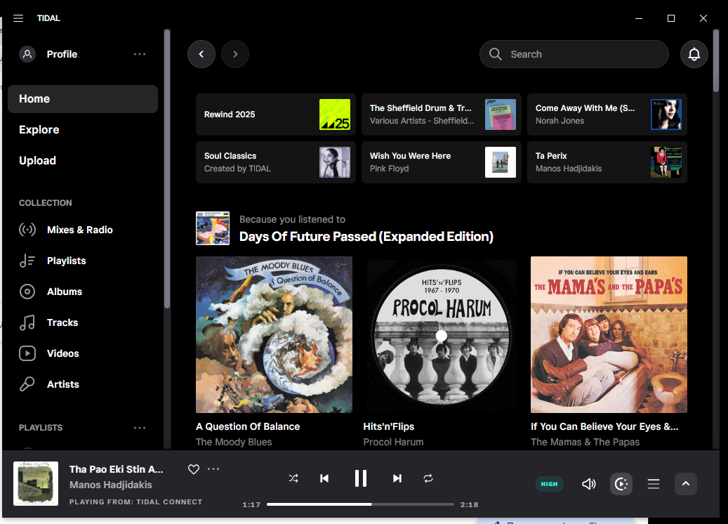 Η εφαρμογή Tidal για PC. Τυπική αρχική Οθόνη.